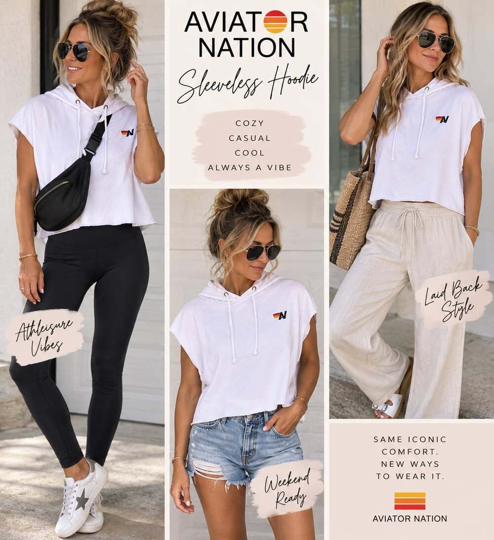 Aviator Nation White Logo Embroidery Sleeveless Relaxed Cropped Pullover Hoodie